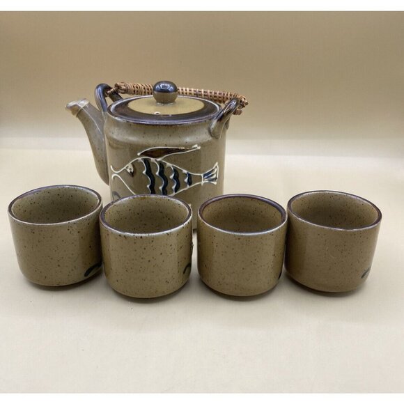 OTAGIRI Fish Stoneware Tea Set Teapot & 4 Cups Japan Vintage - Picture 12 of 12